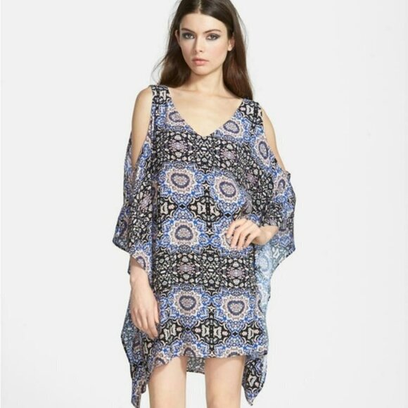 ASTR Blue Black Print Cold Shoulder Handkerchief Shift Mini Dress Tunic Coverup - Picture 13 of 13